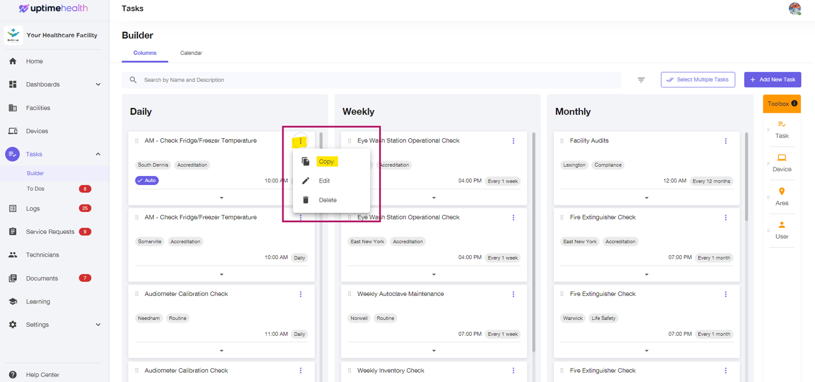How do I duplicate or copy an existing task in the Tasks - Builder section?